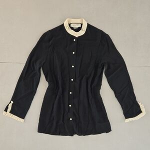 Gucci 100% Silk Black Blouse with Cream Collar And Detailed Buttons